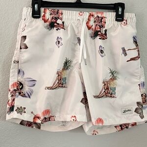 Bather Trunk Co. Men's Hula Girl and Pineapple White Swim Trunks